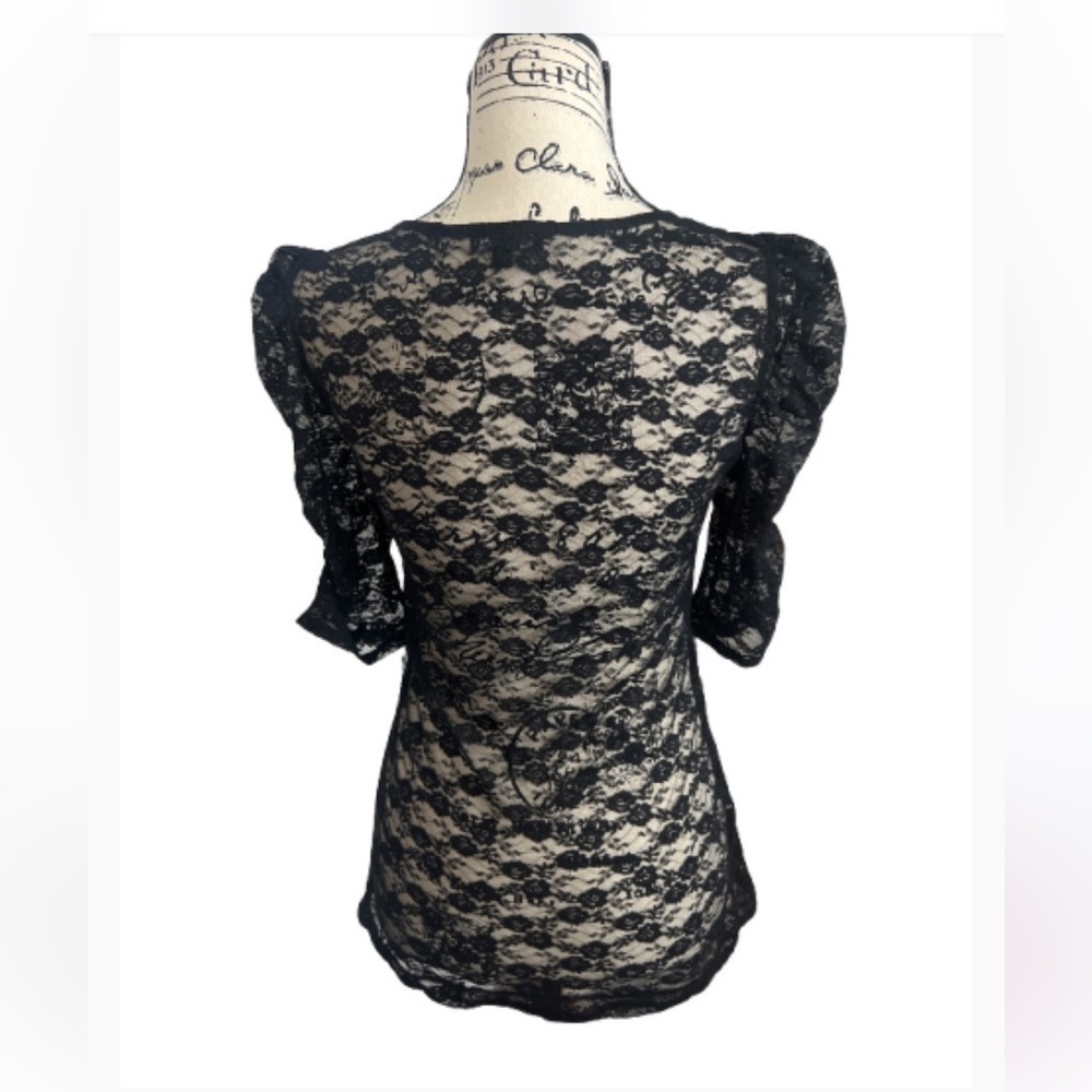 Express Black Lace Cinched Puff Short Sleeves Blouse Top - Picture 2 of 9